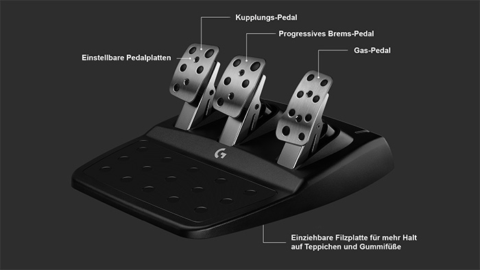 Zum Logitech G923 gehört ein hochwertiger Pedalsatz logitech-G923-lenkrad-pedalsatz